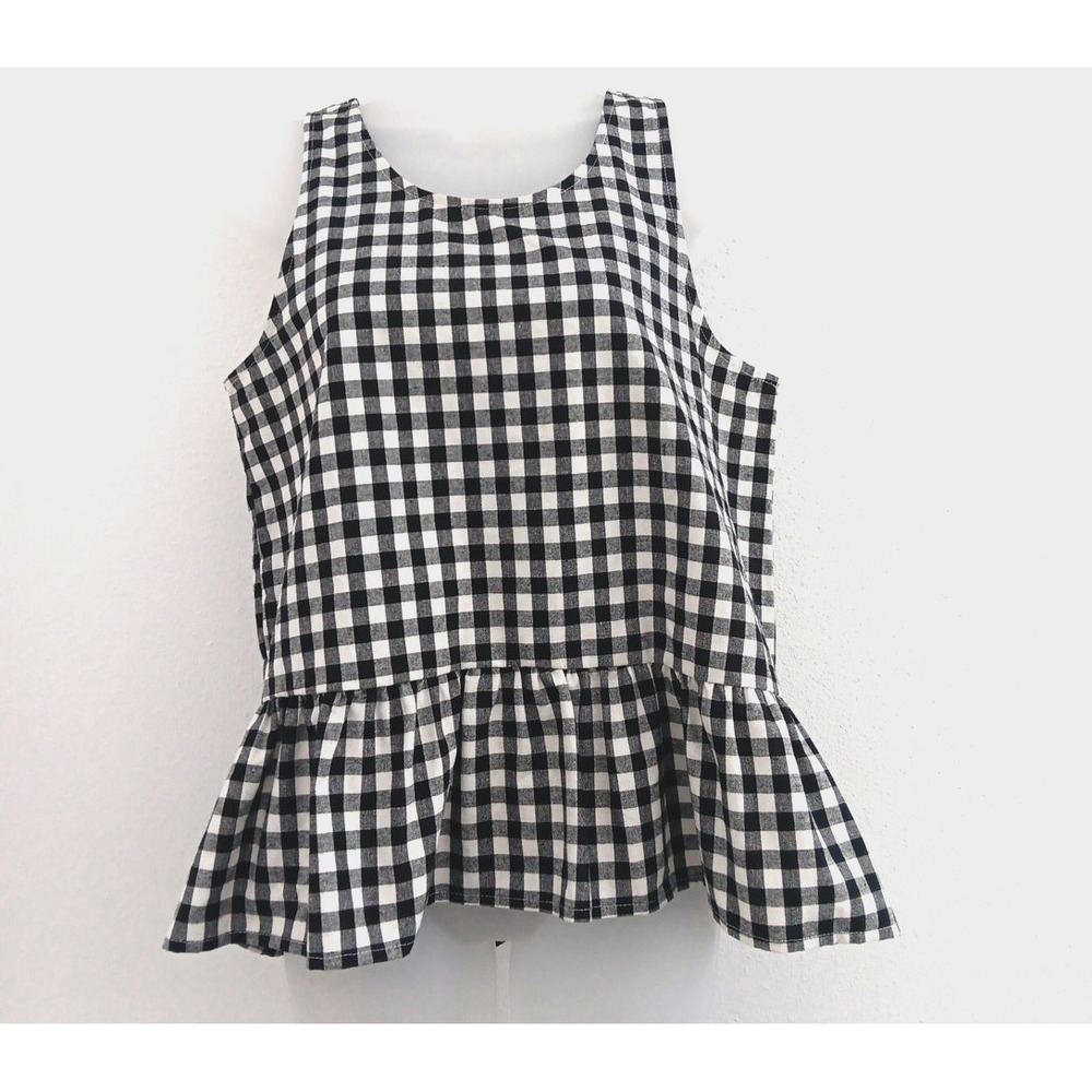 Jack Gingham Peplum Top Small Black White 100% Cotton Cottagecore Prairie V Back